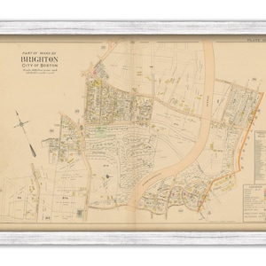 May include: A vintage map of Brighton, a neighborhood in Boston, Massachusetts. The map shows streets, parks, and buildings. The map is labeled "Part of Ward 25 Brighton City of Boston" and "Plate 38".