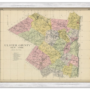 May include: An antique map of Ulster County, New York, with a scale of miles. The map is divided into townships, with each township colored differently. The map includes a legend with information about the different types of land.