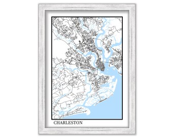 CHARLESTON, South Carolina  -  Minimalist Map on Blue