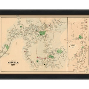 May include: An antique map of the Village of Hingham, Massachusetts, printed in black, red, and green ink on a cream-colored background. The map shows the streets, buildings, and parks of the town.