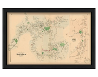 HINGHAM Village, Massachusetts 1879 Map-Colored Reproduction