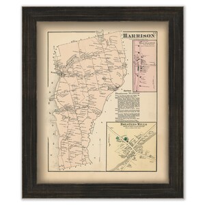 May include: An antique map of Harrison, New York, printed in black and white with a light brown background. The map shows the town's roads, streets, and landmarks. The map also includes a smaller inset map of Bolsters Mills, New York.