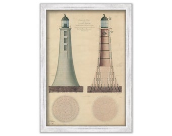 MINOT LEDGE LIGHTHOUSE- Proposed- Not Built- Cohasset/Scituate, Massachusetts  - Drawing and Plan Circa 1850s