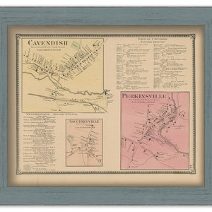 May include: An antique map of Cavendish, Vermont, with four panels showing the towns of Cavendish, Ascutneyville, Weatherfield, and Perkinsville. Each panel includes a map of the town and a business directory. The map is printed on aged paper and framed in a light blue frame.