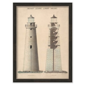 May include: A vintage illustration of the Minot Ledge Light House in Massachusetts. The image shows the lighthouse in both elevation and section views, highlighting its architectural details.