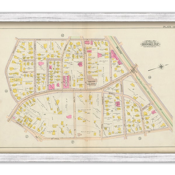 BROOKLINE, Massachusetts 1900 map, Plate 14 - Beacon St, Harvard St, Park Street - Replica or GENUINE ORIGINAL