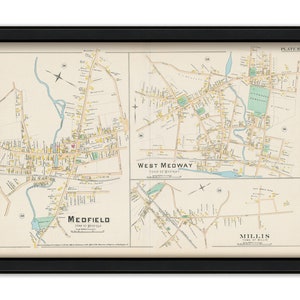 May include: An antique map of West Medway, Medfield, and Millis, Massachusetts. The map is printed on cream-colored paper with black lines and text. The map shows the streets, buildings, and other features of the towns. The map is titled "PLATE 30" in the upper right corner.