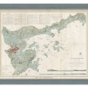 May include: A vintage map of Salem Harbor, Massachusetts, showing the coastline and surrounding islands. The map is printed on aged paper with a light blue border and includes a compass rose and a scale.