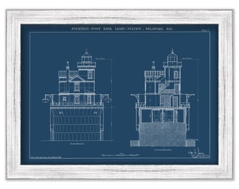 FOURTEEN FOOT BANK Lighthouse, Delaware  -  Blueprint  Drawing and Plan of the Lighthouse as it was in 1886.