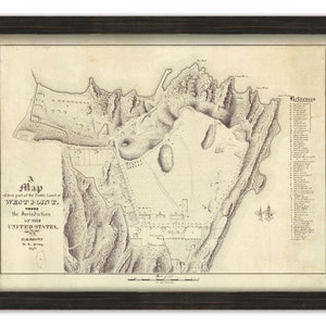 May include: A black and white map of West Point, New York, showing the location of various buildings and features. The map is titled "A Map of that part of the Public Land of West Point, within the Jurisdiction of the United States, surveyed in 1804 by H. Dearborn, Major General."