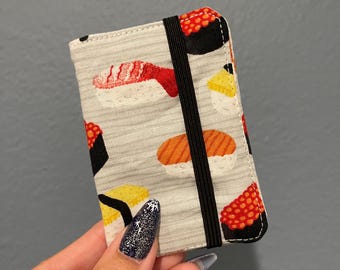 Handmade Sushi Card Wallet | Cotton Bi-Fold Mini Wallet with Elastic | Small Credit Card Holder | Minimalist Wallet Gift