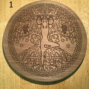 7" Walnut Slotted Basket Base, 1/2” Thick, Celtic Tree of Life with Yoga pose