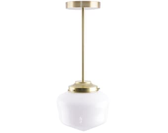 White Milk Glass Stem Pendant Light | Mid Century Modern Schoolhouse Lighting Fixtures | Modern Brass Light Fixtures