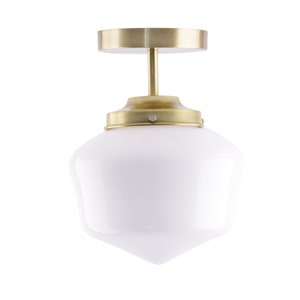 Semi Flush Mount Ceiling Light Fixture with Milk Glass Shade | Mid Century Modern Schoolhouse Lighting Fixture | Brass Ceiling Light