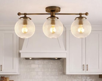 24-inch Vintage-Inspired Kitchen Island Light with 3 Reeded Glass Globes
