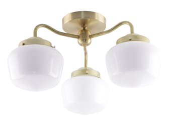 Milk Glass Schoolhouse Chandelier: Modern Brass Lighting Fixture