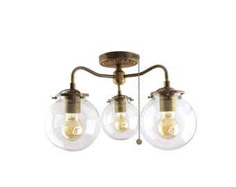 Vintage-Inspired Brass Chandelier, 3 Clear Glass Globes & Pull Chain