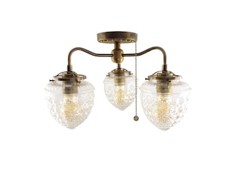 Brass 3-Light Chandelier, Vintage Acorn Glass Shades, Pull Chain