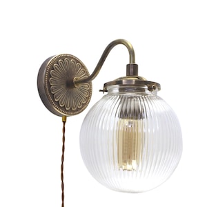 Curved Plug-In Wall Sconce: Ribbed Glass Globe, Solid Cast Brass