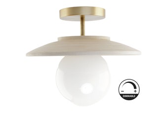 Bamboo semi Flush Mount Ceiling Light with White Globe | Boho Lighting | Scandinavian Modern Farmhouse Lighting | Wood Light fixture