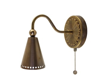 Curved Arm Brass Cone Spotlight: Vintage Pull Chain Wall Lamp