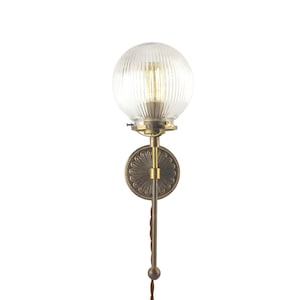 Ornate Plug In Wall Sconce with 6-inch Ribbed Glass Globe - Solid Cast Brass Wall Lamp - Plug in Dimmable Wall Light with Reeded Glass Globe