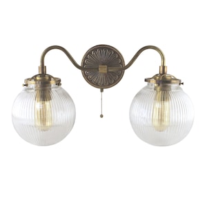 Double Wall Sconce with Pull Chain and Reeded Glass Globes - Vintage Inspired Sconce Lighting