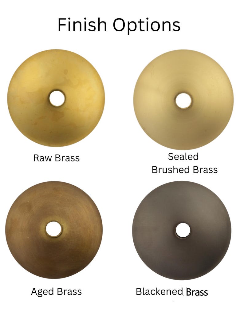 May include: Four brass finish options for a product: Raw Brass, Sealed Brushed Brass, Aged Brass, and Blackened Brass. Each finish is shown as a round disc with a small hole in the center.
