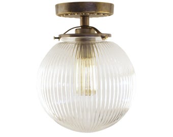 Ribbed Glass Ceiling Lamp: Solid Brass Semi Flush Mount, Vintage Style