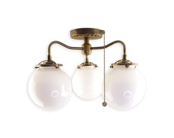 3-Light Brass Chandelier: Vintage Milk Glass Ceiling Fixture with Pull Chain