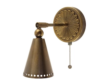 Brass Cone Spotlight Wall Sconce: Pull Chain Bedside Reading Light