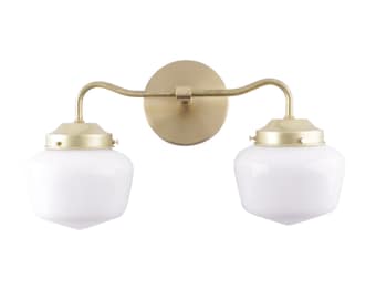 Milk Glass Double Vanity Light: Mid Century Modern Brass Sconce