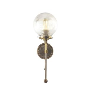 Ornate Pull Chain Wall Sconce with 6-inch Ribbed Glass Globe - Solid Cast Brass Wall Lamp - Pull Chain Wall Light with Reeded Glass