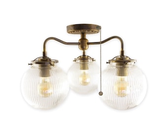 Pull Chain 3-Light Brass Chandelier with Clear Reeded Glass Globes  – Vintage-Inspired Ceiling Fixture