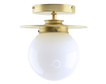 Small Mid-Century Modern Flush Mount Light Fixture with 4-inch Milk Glass Globe - Ceiling Lighting