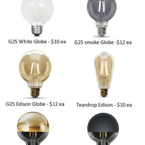 May include: Image showcasing six LED bulb options. The bulbs vary in shape and color, including white, smoke gray, and gold-dipped. Text at the top reads "LED Bulb Options." Each bulb is labeled with its type.
