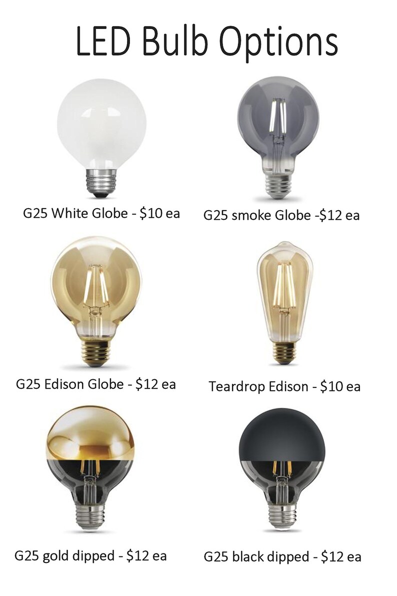 May include: Image showcasing six LED bulb options. The bulbs vary in shape and color, including white, smoke gray, and gold-dipped. Text at the top reads "LED Bulb Options." Each bulb is labeled with its type.
