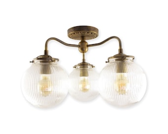 3-Light Brass Chandelier: Reeded Glass Globe Ceiling Lighting