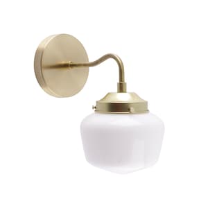 Milk Glass Wall Sconce: Brushed Brass Schoolhouse Lighting