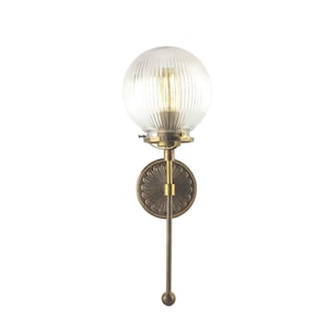 Ornate Brass Wall Sconce with 6-inch Ripple Glass Globe - Solid Cast Brass Wall Lamp - Vintage Inspired Reeded Globe Dimmable Wall Light