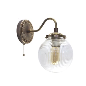 Curved Pull Chain Wall Sconce with 6-inch Ribbed Glass Globe - Solid Cast Brass Wall Lamp - Pull Chain Wall Light with Reeded Glass