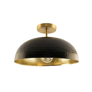 Hammered Brass and Black Semi Flush Mount Ceiling Light Fixture | Modern Lighting Fixtures | Black Ceiling Light | Living Room Lighting