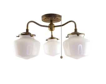 Vintage Style Brass Chandelier: 3-Light Milk Glass Schoolhouse Lighting