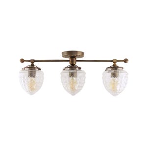 May include: A three-light ceiling fixture with a vintage design. The fixture features three clear, textured glass shades shaped like hearts, suspended from a bronze-colored metal frame. The light bulbs are visible inside the shades.