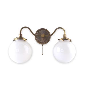 Cast Brass Pull Chain Sconce with Milk Glass Shades - Double Sconce Wall Mounted Light Fixture