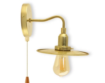 Industrial Pull Chain Sconce Lighting Fixture with 8-Inch Brass Shade- Modern Industrial Lighting - Factory Wall Sconce Light