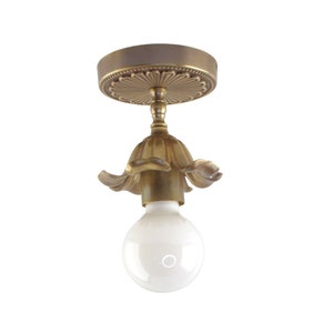 May include: Brass ceiling light fixture with a flower-shaped shade and a white light bulb.