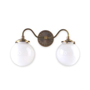 Vintage Inspired Cast Brass Double Sconce Lighting with Milk Glass Globes - Ornate Wall Lamp