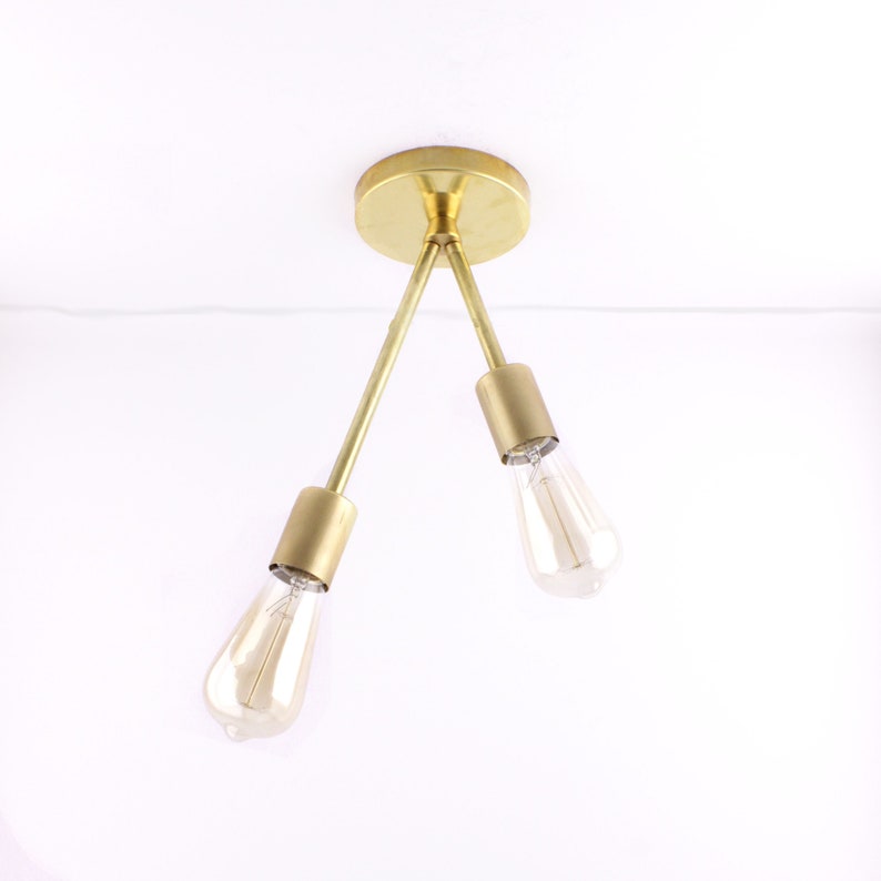 2 Light Semi Flush Mount Ceiling Lighting Brass Fixture Modern Mid Century Entryway
