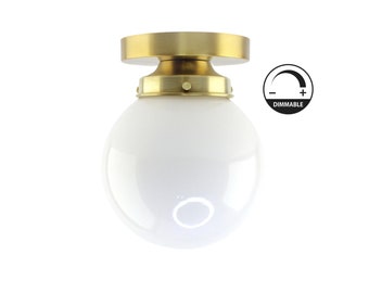6 inch Opal Glass Globe Flush Mount Ceiling Light Fixture | Mid Century Modern Schoolhouse Lighting Fixtures | Modern Brass Light Fixtures